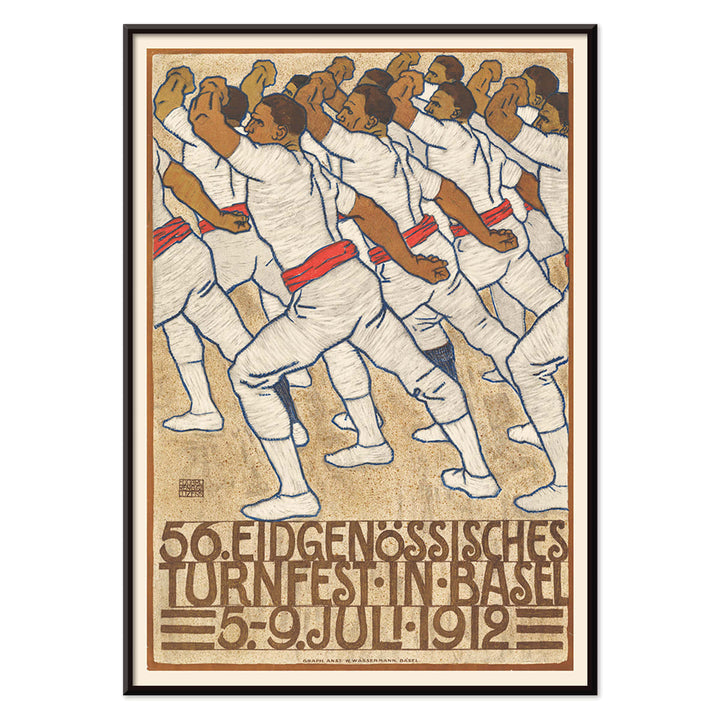 Federal Gymnastics Festival in Basel by Eduard Renggli showing male athletes in white uniforms with red sashes performing synchronized movements in formation, with black aluminium frame on white background
