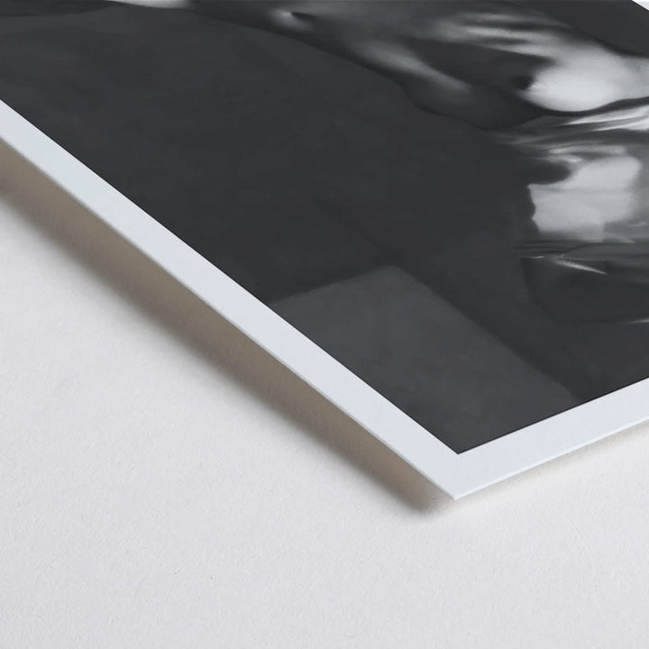 Closeup detail of Before going to bed by Michael Heumuller poster showing a person gracefully removing a shirt in a dimly lit room