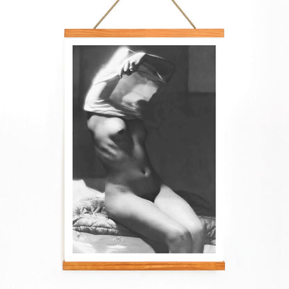 Before going to bed by Michael Heumuller poster showing a person gracefully removing a shirt in a dimly lit room, with wooden magnetic frame on white background