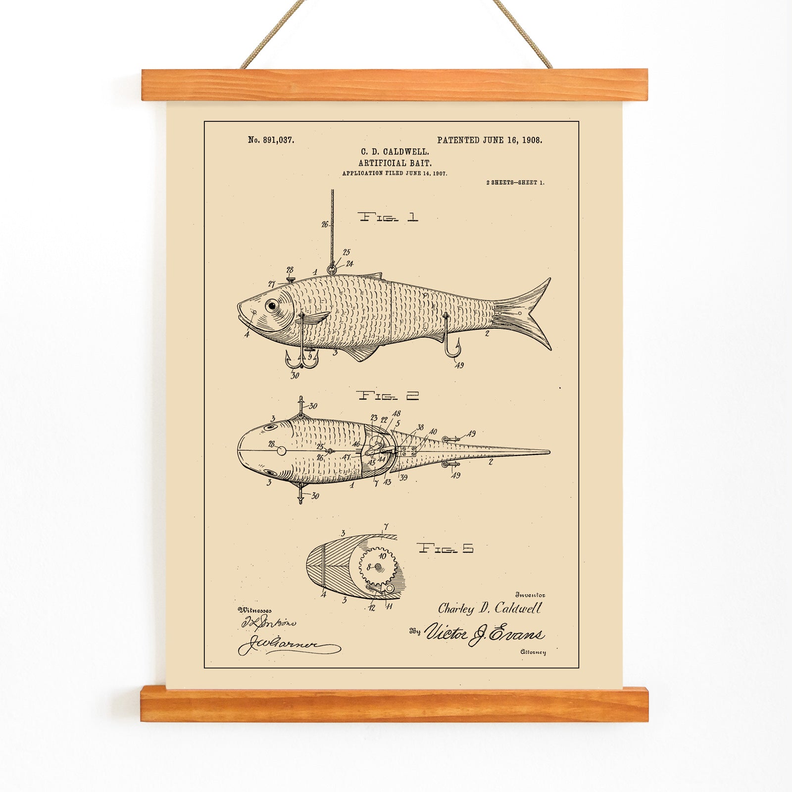 Artificial Bait Patent by C D Caldwell detailed vintage fish lure illustration and mechanical design poster artwork, with wooden magnetic frame on white background