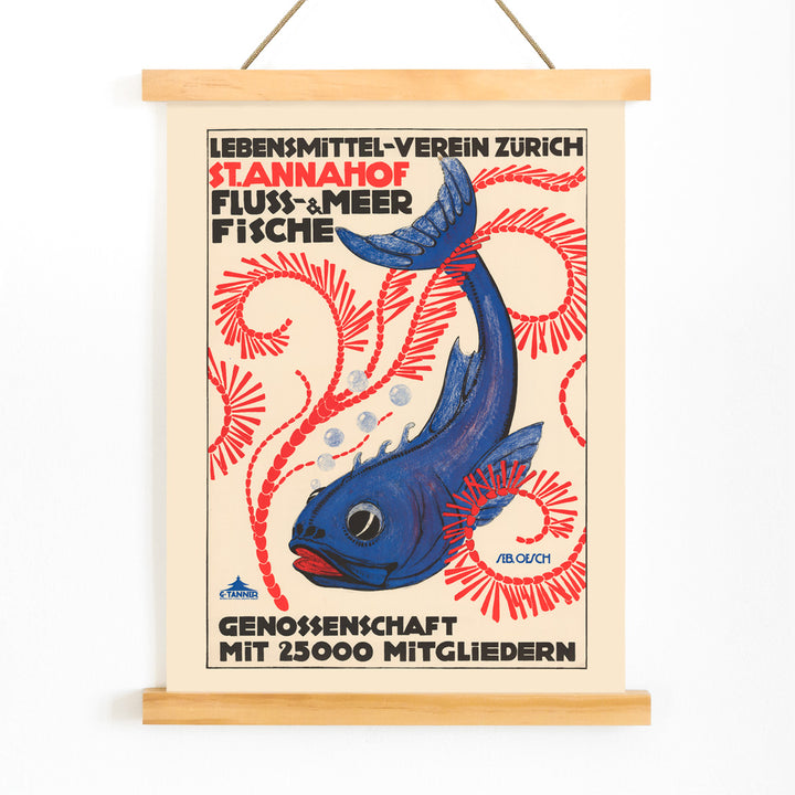 Colorful fish poster with bubbles red seaweed and blue fish with red swirls bold text Food Association Zurich river and sea fish by Sebastian Oesch, with wooden magnetic frame on white background
