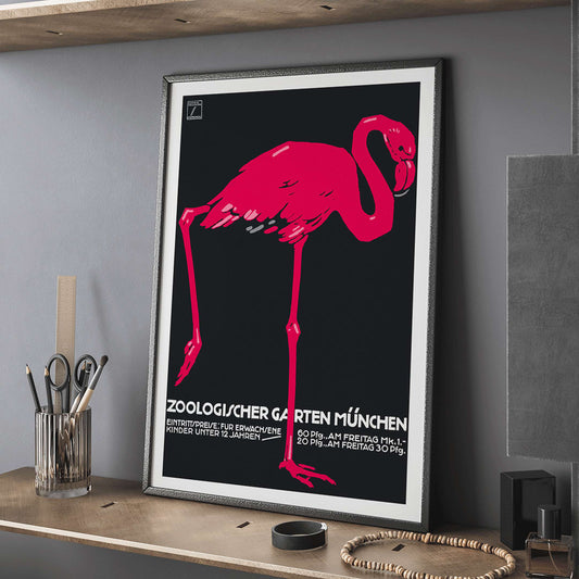 Ludwig Hohlwein poster of a pink flamingo on dark background for Zoologischer Garten München, framed and displayed in home decor