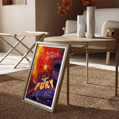 Colorful space-themed poster titled Flares of Fury by NASA featuring vibrant solar flares planets stars and a bright red and orange fiery explosion with celestial elements in the background, framed and displayed in home decor