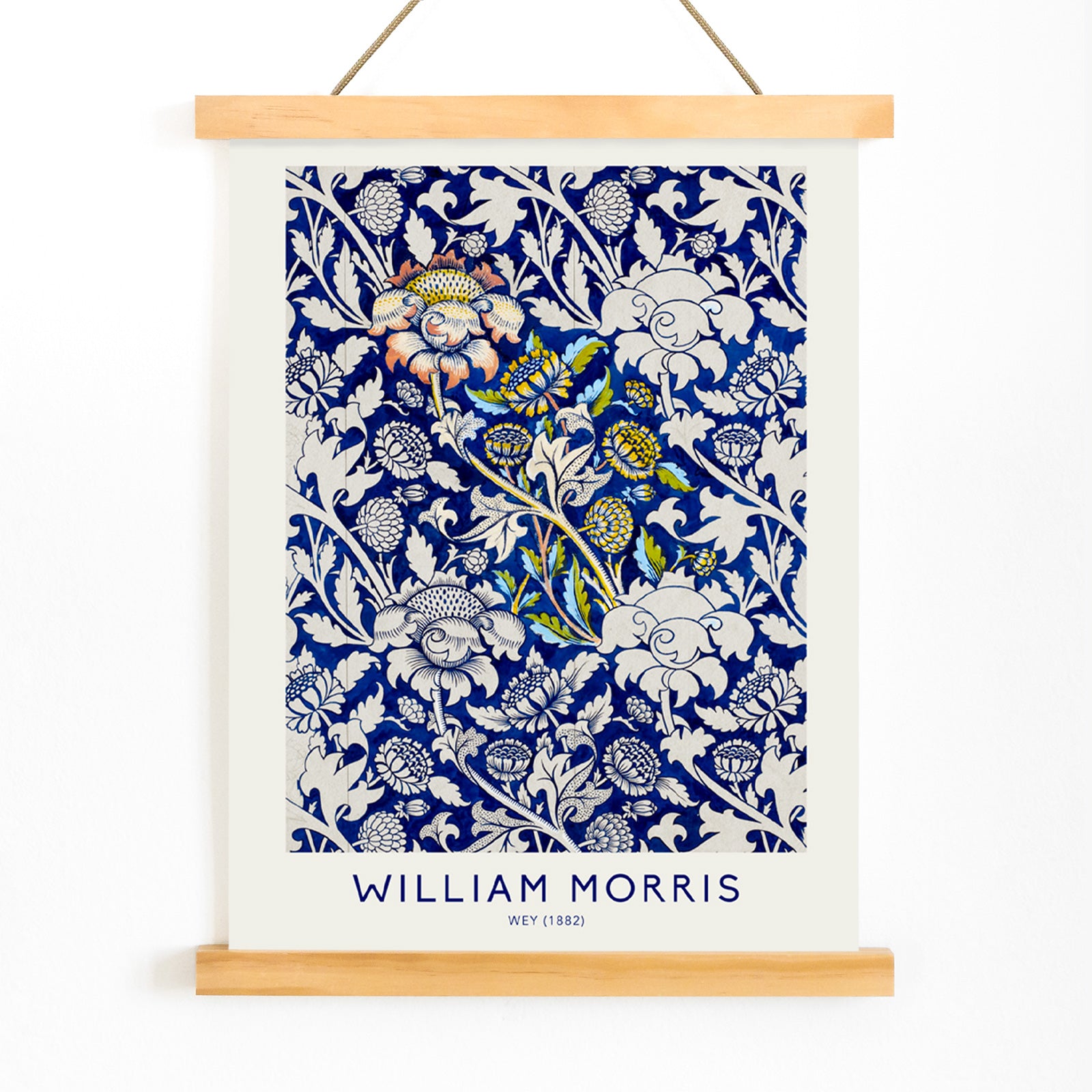 Floral fabric pattern and watercolour poster with intricate blue and white design by William Morris Wey, with wooden magnetic frame on white background