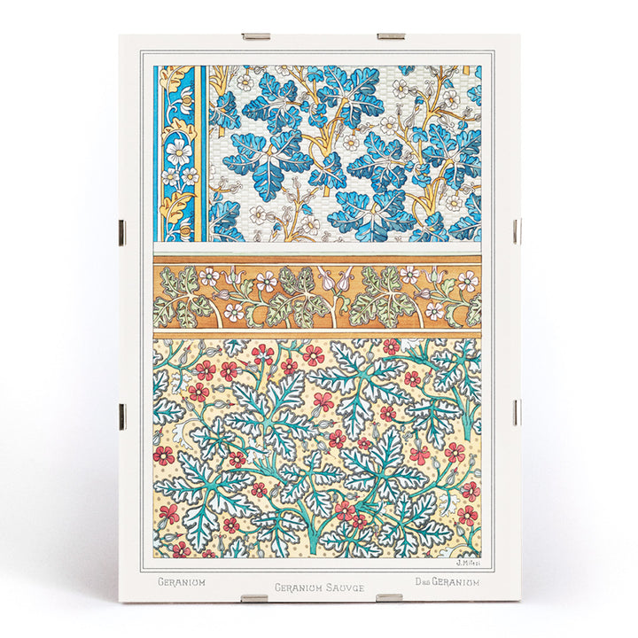 Decorative wild geranium botanical artwork and floral pattern poster by Maurice Pillard Verneuil from La Plante et ses Applications ornementales, framed and displayed in modern living room decor