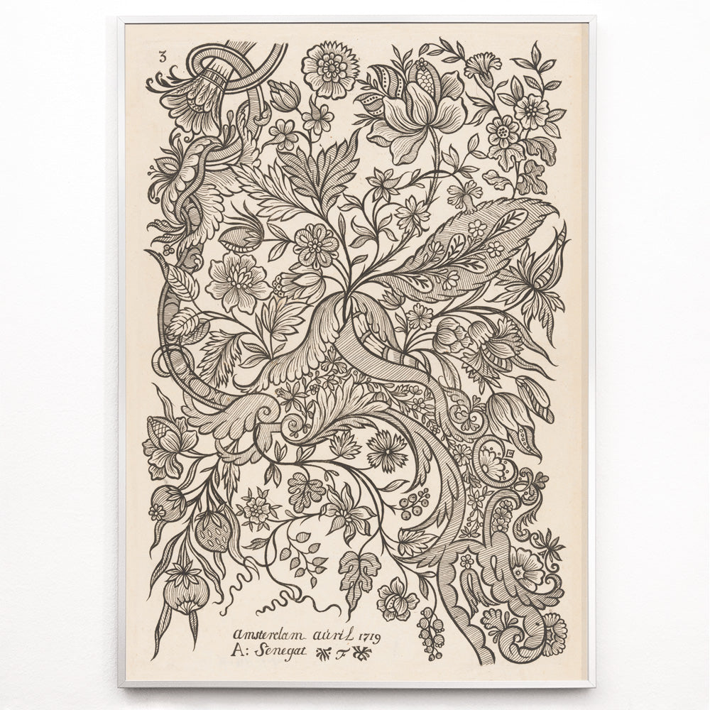 Closeup detail of Floral textile pattern and botanical line art poster with intricate flowers by Alexander Senegat Design for textiles Flowers
