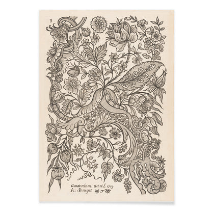 Floral textile pattern and botanical line art poster with intricate flowers by Alexander Senegat Design for textiles Flowers, with black aluminium frame on white background