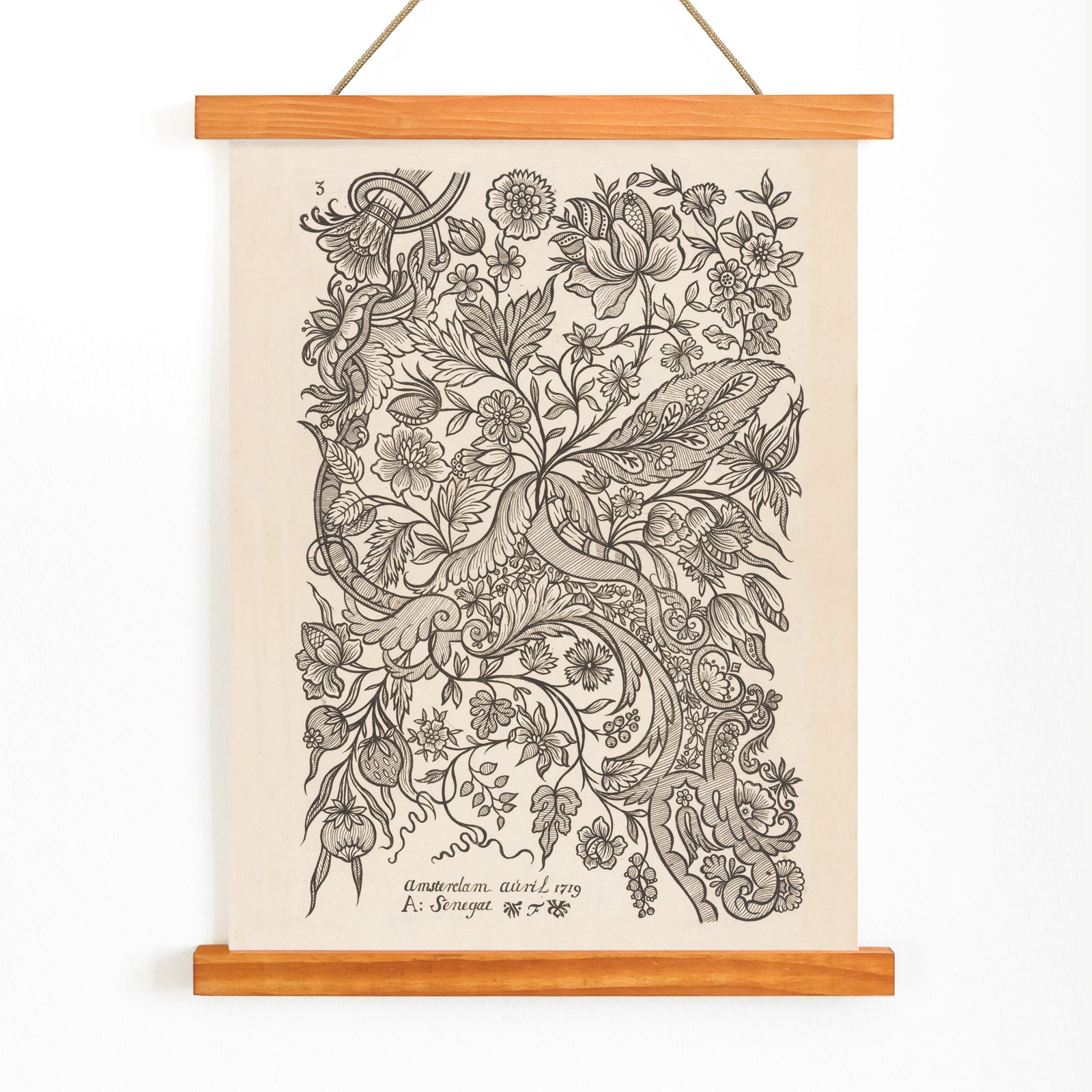 Floral textile pattern and botanical line art poster with intricate flowers by Alexander Senegat Design for textiles Flowers, with wooden magnetic frame on white background