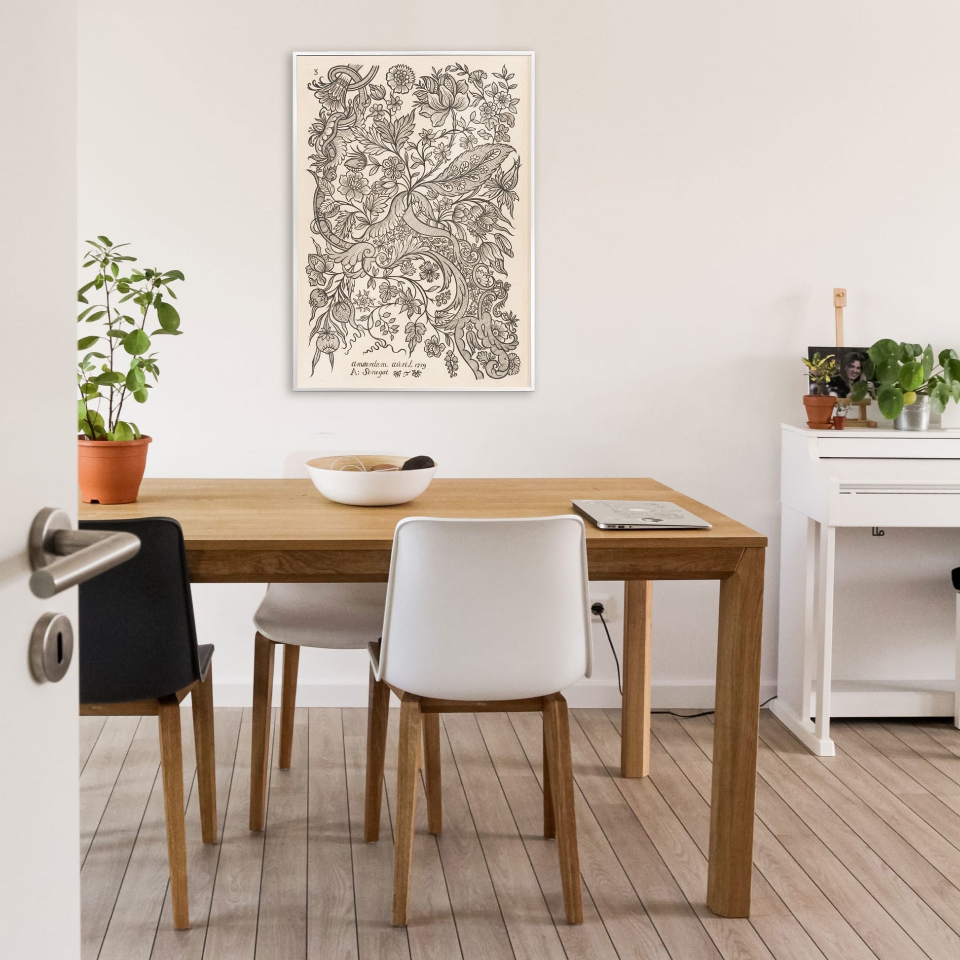 Floral textile pattern and botanical line art poster with intricate flowers by Alexander Senegat Design for textiles Flowers, framed and displayed in home decor