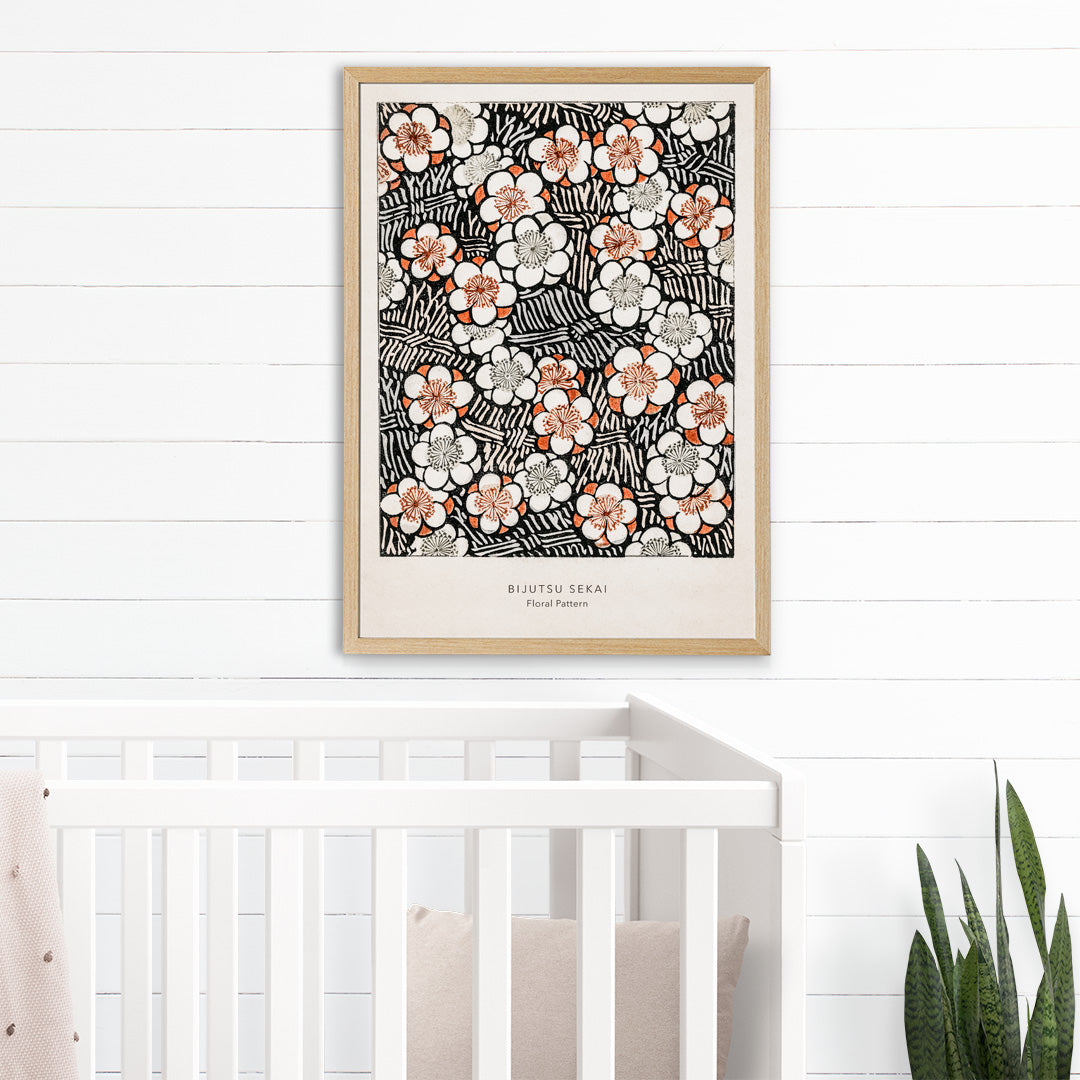 Floral pattern artwork by Watanabe Seitei from Bijutsu Sekai in traditional Kacho-ga style featuring intricate white and orange flowers and leaves poster, framed and displayed in home decor