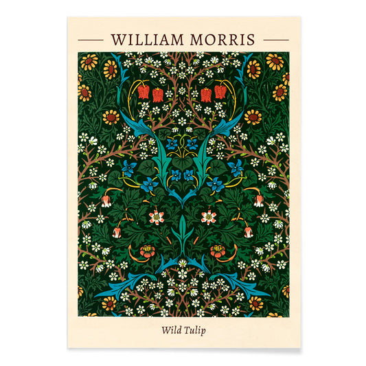 Wild Tulip floral patterned artwork poster by William Morris featuring intricate green blue and red designs for wall decor, with black aluminium frame on white background