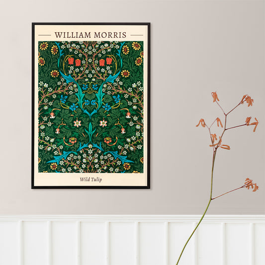 Wild Tulip floral patterned artwork poster by William Morris featuring intricate green blue and red designs for wall decor, framed and displayed in home decor