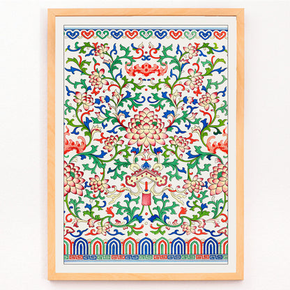 Chinese botanical illustration and botanical poster by Owen Jones from Examples of Chinese Ornament featuring intricate floral patterns and vibrant colors, framed and displayed in modern living room decor