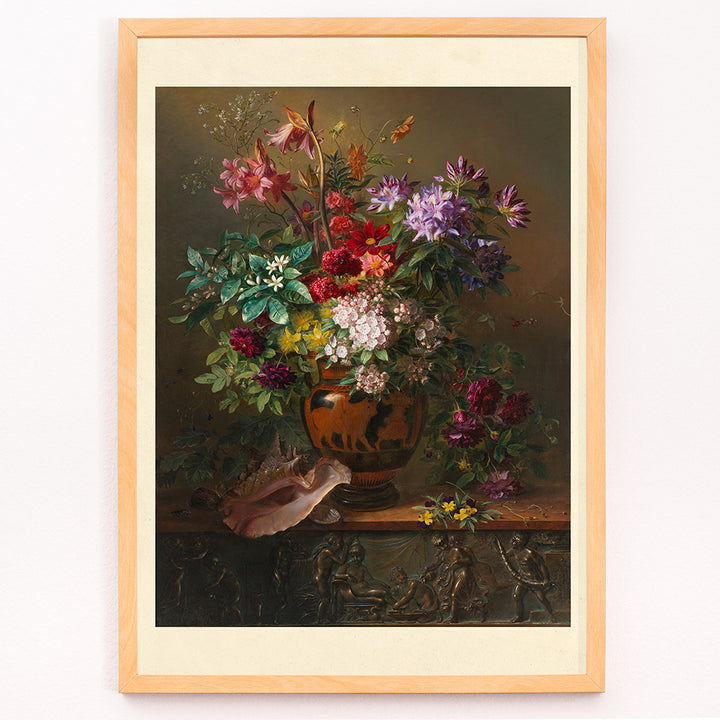 Closeup detail of Vibrant spring flowers in a Greek vase Still Life with Flowers in a Greek Vase Allegory of Spring by Georgius Jacobus Johannes van Os poster vibrant bouquet artwork