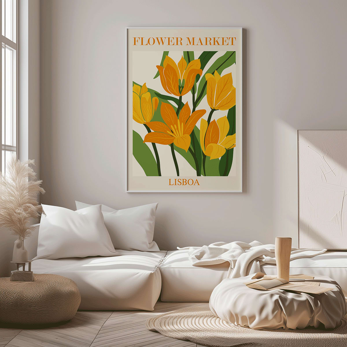 Yellow and orange flowers with green leaves illustrated poster titled Flower Market Lisbon by Moryarty, framed and displayed in modern living room decor
