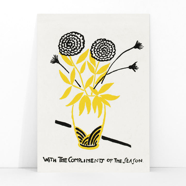 Yellow and black floral arrangement illustration and abstract flower poster in a vase with text With the Compliments of the Season by Henry Lyman Sayen, framed and displayed in modern living room decor