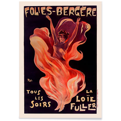Folies-Bergere La Loie Fuller by Pal vibrant poster artwork featuring a dancing woman with flowing and swirling colorful fabric, with black aluminium frame on white background