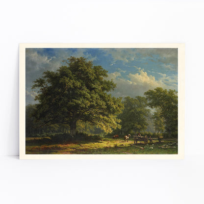 Pastoral landscape poster of The Bentheim Forest by George Andries Roth showing lush green forest large trees and people working with horses, framed and displayed in modern living room decor