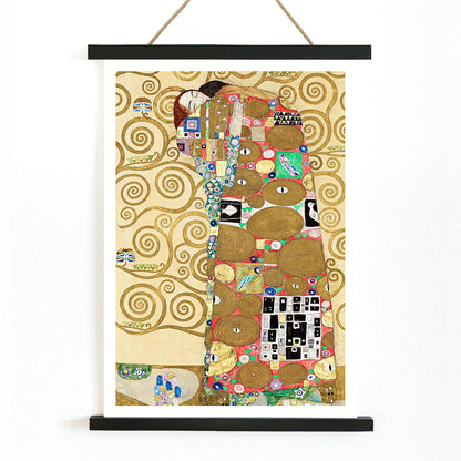 Fulfillment by Gustav Klimt vibrant embrace poster with intricate figures colorful patterns and swirling golden backgrounds, with wooden magnetic frame on white background