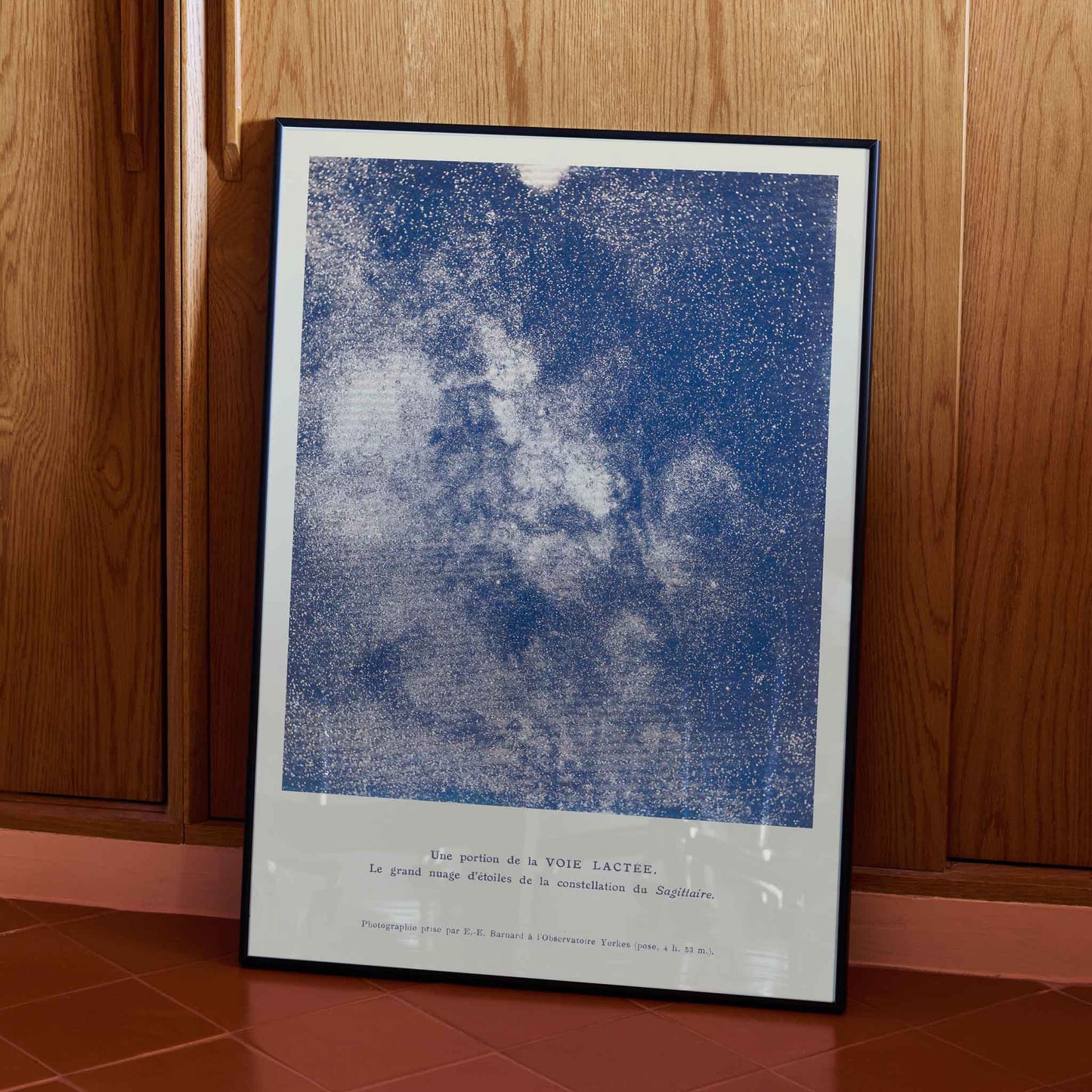 Lucien Rudaux A Portion of the Milky Way poster with luminous star cloud in Sagittarius and deep blue galactic dust, with wooden magnetic frame on white background