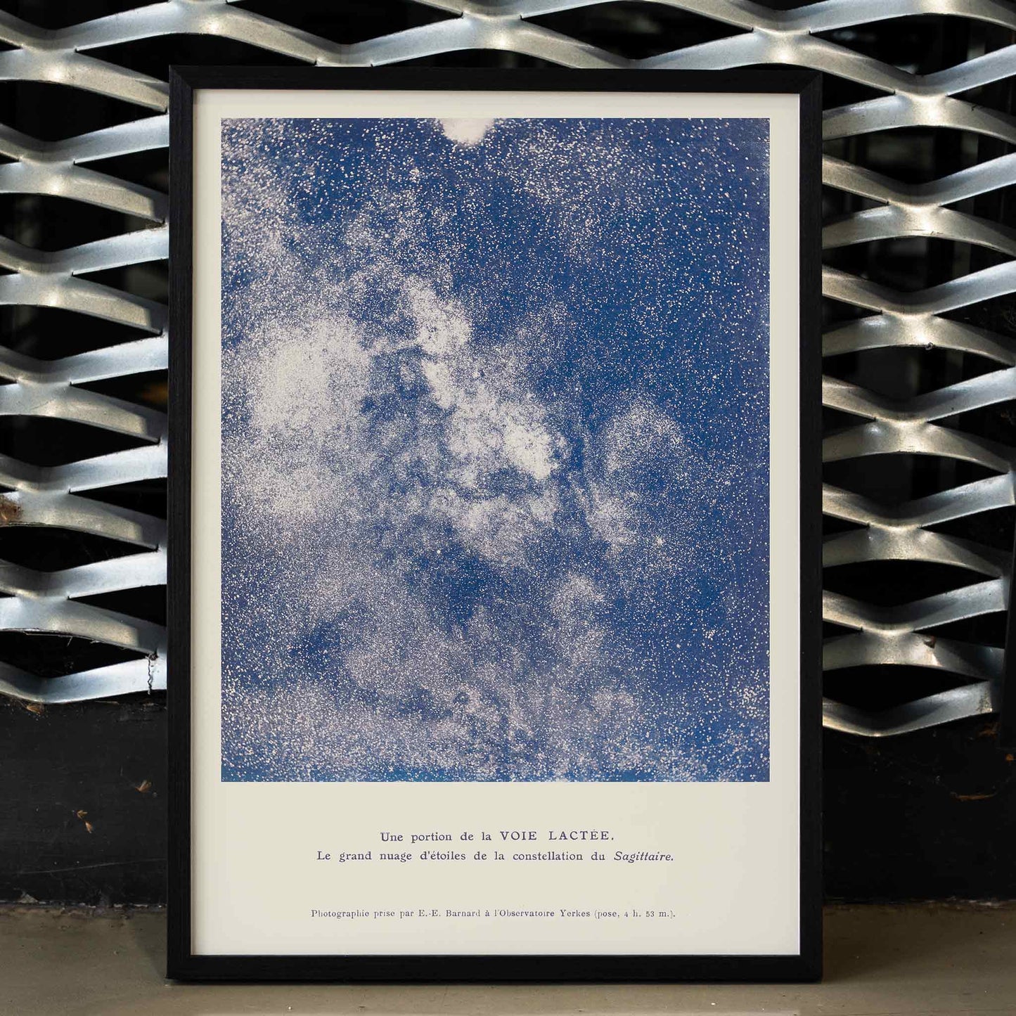 Lucien Rudaux A Portion of the Milky Way poster with luminous star cloud in Sagittarius and deep blue galactic dust, framed and displayed in home decor