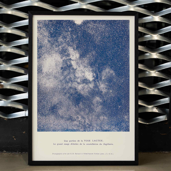 Lucien Rudaux A Portion of the Milky Way poster with luminous star cloud in Sagittarius and deep blue galactic dust, framed and displayed in home decor