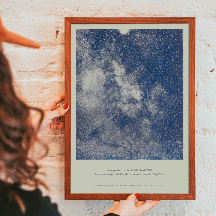 Lucien Rudaux A Portion of the Milky Way poster with luminous star cloud in Sagittarius and deep blue galactic dust, framed and displayed in modern living room decor