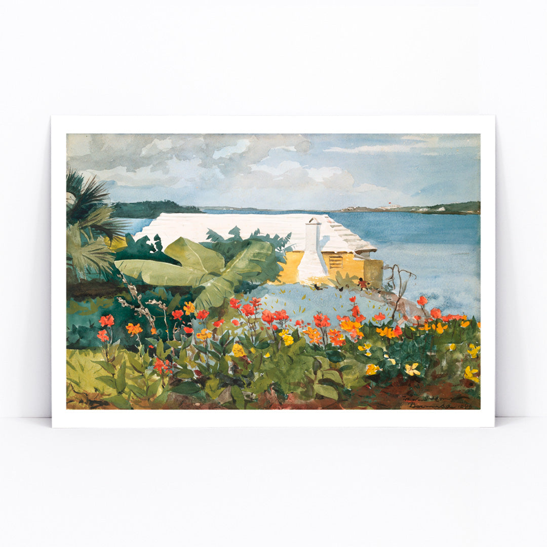 Vibrant tropical flower garden and bungalow by the sea artwork Flower Garden and Bungalow Bermuda by Winslow Homer poster, framed and displayed in modern living room decor