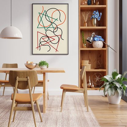 Abstract geometric and wavy lines artwork in green red orange and black by Myriam Thyes titled Lignes géométriques et ondoyantes, framed and displayed in home decor