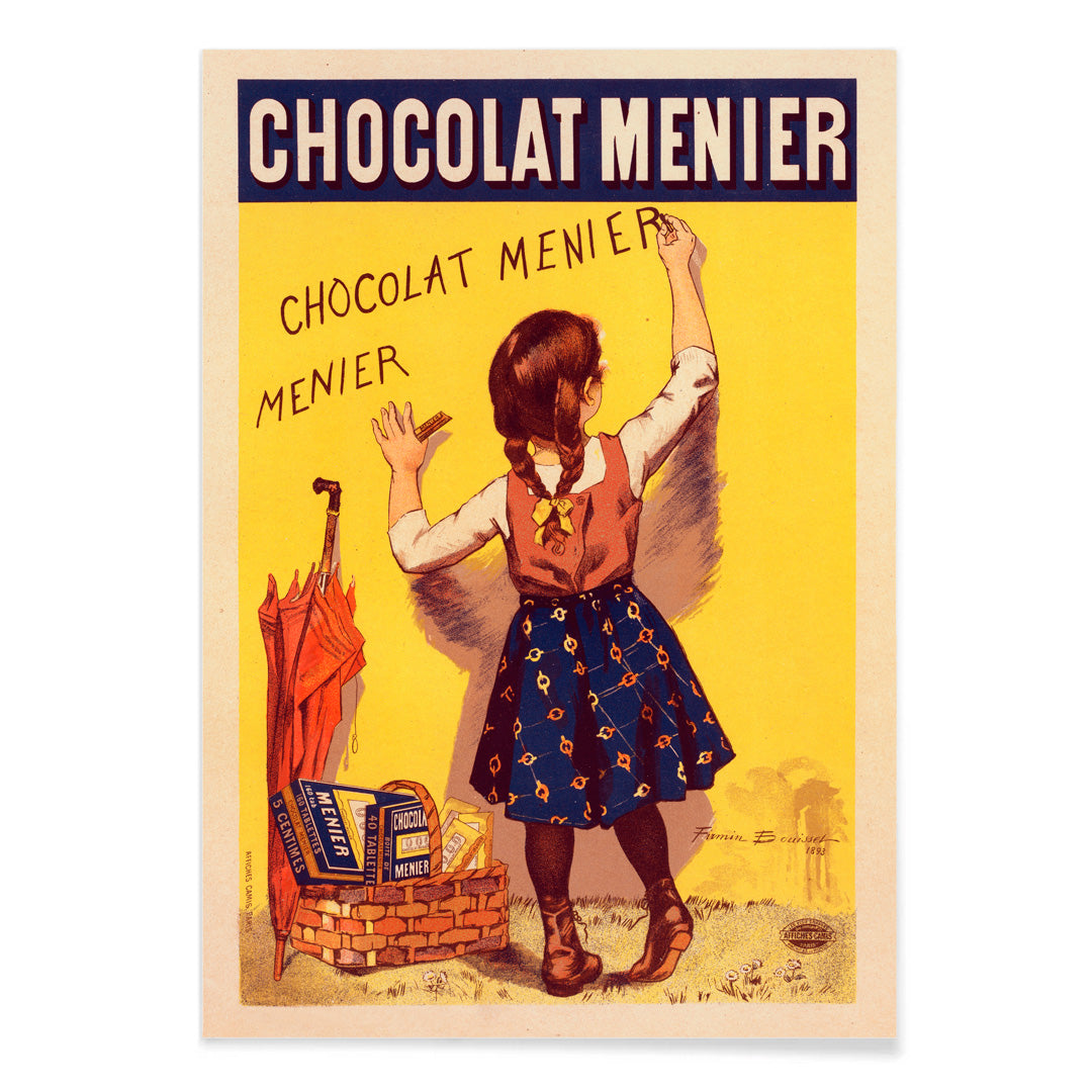 Chocolat Menier poster by Firmin Bouisset featuring a young girl writing on a yellow wall with a basket of chocolate and an umbrella, with black aluminium frame on white background