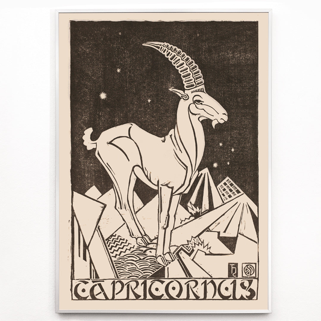 Closeup detail of Capricorn zodiac sign illustration and poster featuring a stylized goat under stars in an abstract landscape artwork titled Capricornus by Henri van der Stok