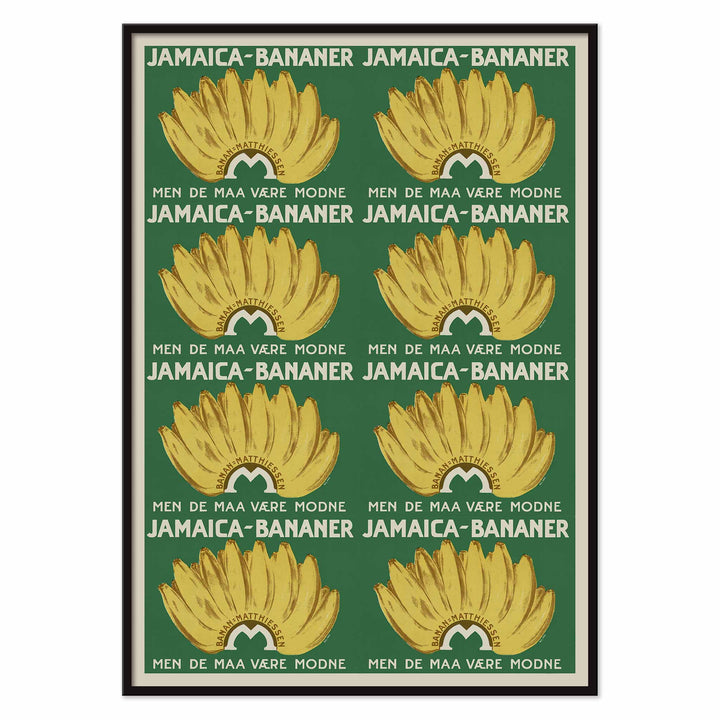 Jamaica Bananas poster with repeated ripe yellow banana bunches on a deep green vintage advertising design, with black aluminium frame on white background