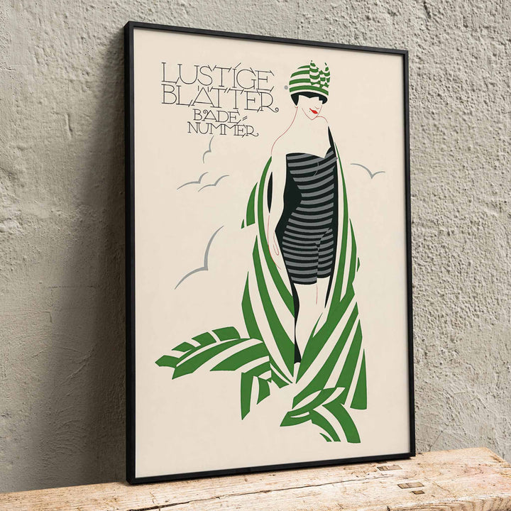 Julius Klinger Lustige Blatter Badenummer poster with stylized woman in striped swimsuit, green palm leaves, cream background, framed and displayed in home decor
