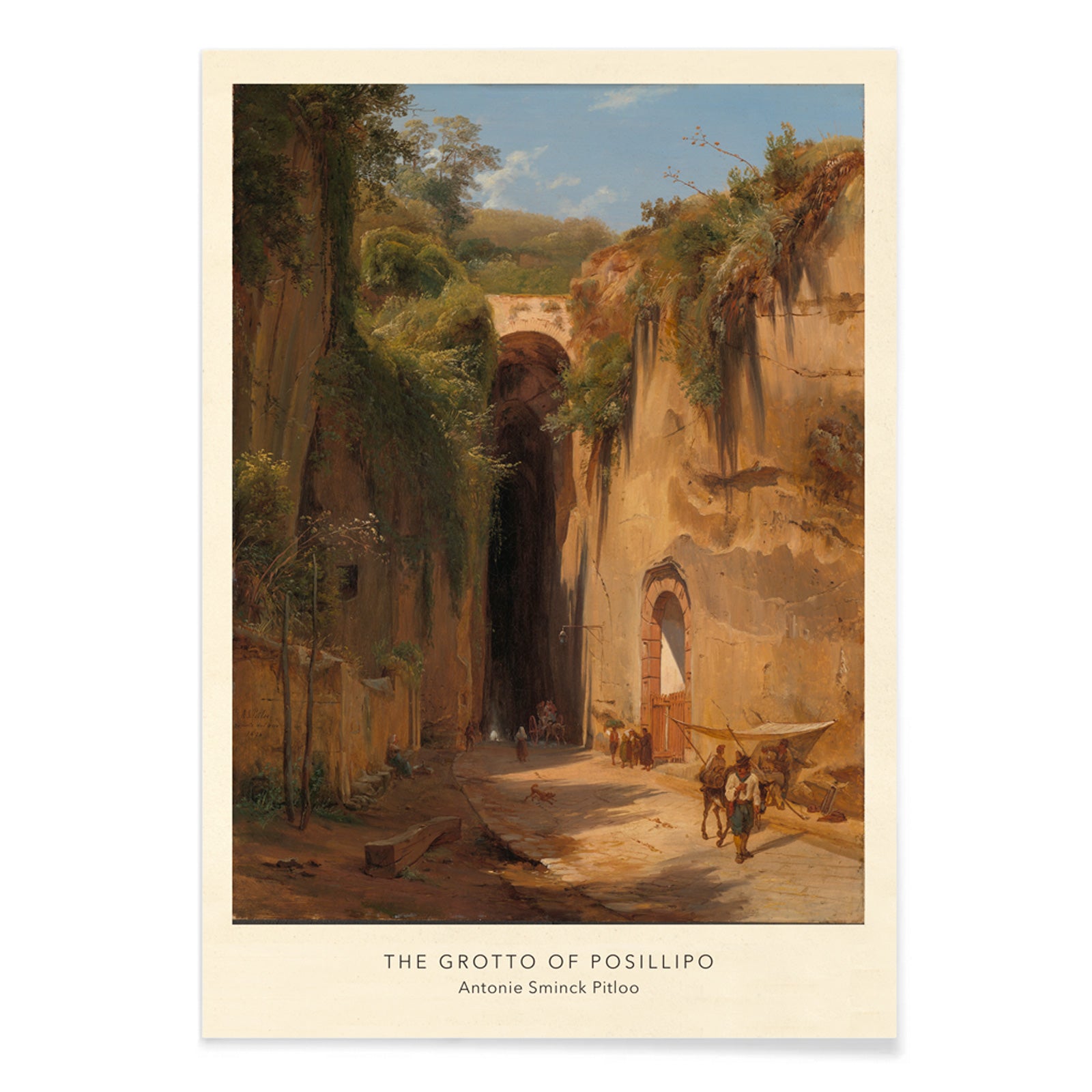 The Grotto of Posillipo by Antonie Sminck Pitloo scenic landscape with people animals stone archway cliffs and dramatic rocky tunnel entrance, with black aluminium frame on white background