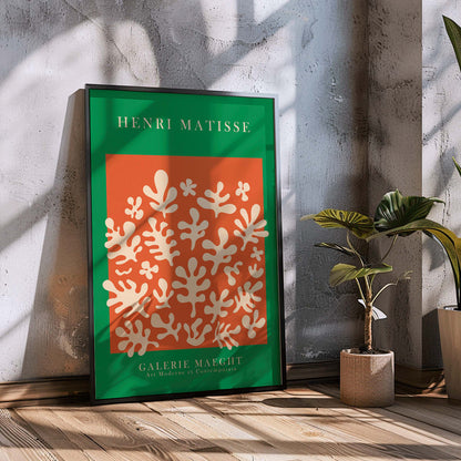 Henri Matisse artwork at Galerie Maeght featuring orange cut outs and abstract shapes on an orange background poster, framed and displayed in modern living room decor