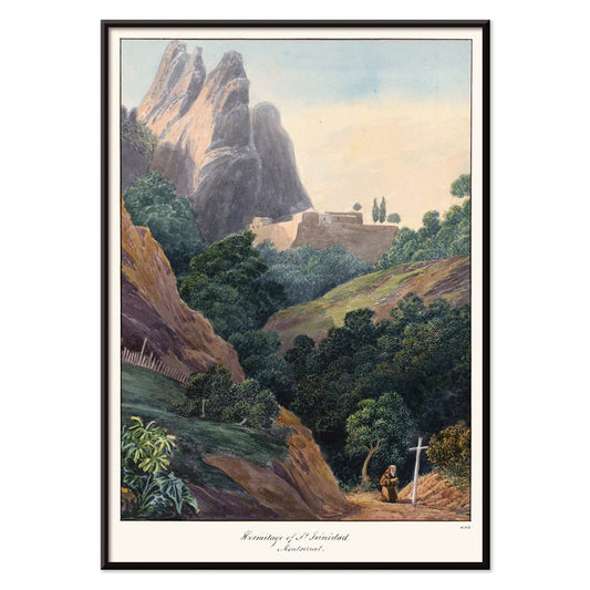 Painting of Hermitage of St Trinidad Montserrat by Charles Hamilton Smith with mountainous landscape lush trees and monk, with black aluminium frame on white background