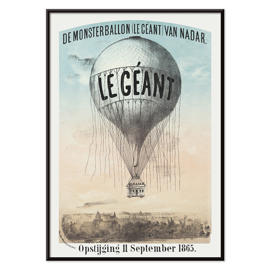 Hot air balloon Le Géant by Nadar Morriën and Amand flying above a cityscape poster titled The Monster Balloon, with black aluminium frame on white background
