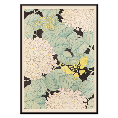 Yellow butterflies and white hydrangea flowers with green leaves in Japanese art style artwork Bijutsukai Pl 169 by Korin Furuya, with black aluminium frame on white background