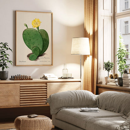 Closeup detail of Indian fig opuntia cactus illustration by Karl Eduard Burger from Familie Der Cacteen showing a green cactus with a yellow flower