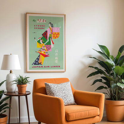 Colorful Japan Air Lines poster Kyushu Okinawa by Anonymous featuring traditional Japanese figures promoting air travel, framed and displayed in modern living room decor