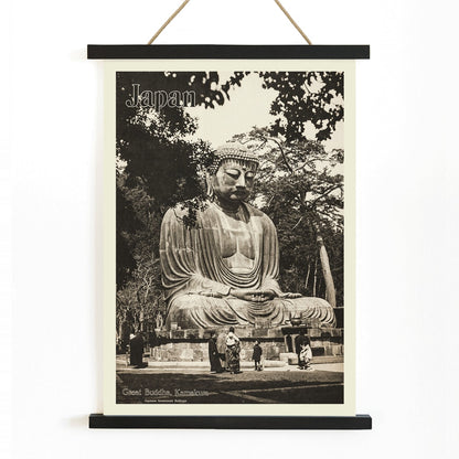 Japan travel poster by Japanese Government Railways showing the Great Buddha in Kamakura with people near the large statue, with wooden magnetic frame on white background