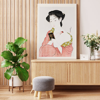 High resolution Japanese art print of a woman in a kimono applying powder by Goyo Hashiguchi titled Woman Applying Powder, framed and displayed in home decor