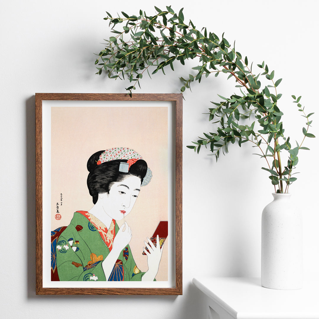 High resolution fine art poster of Japanese woman in kimono applying makeup by Goyo Hashiguchi Woman Applying Rouge, framed and displayed in home decor