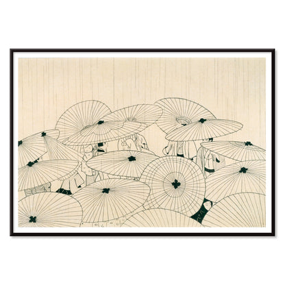 Minimal Japanese art poster of people holding traditional umbrellas in the rain from Osen Umbrellas by Komura Settai, with black aluminium frame on white background