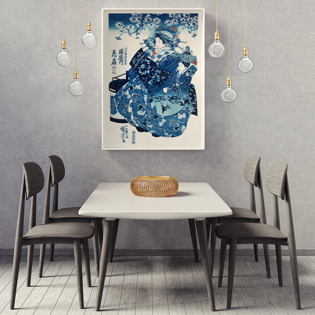 Japanese women in traditional kimono with floral patterns and blossom trees ukiyo-e style artwork by Utagawa Kuniyoshi, framed and displayed in home decor