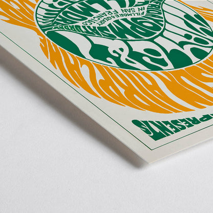 Closeup detail of Psychedelic concert poster by Wes Wilson for The Jefferson Airplane and Jay Walkers at Fillmore Auditorium with vibrant orange and green text
