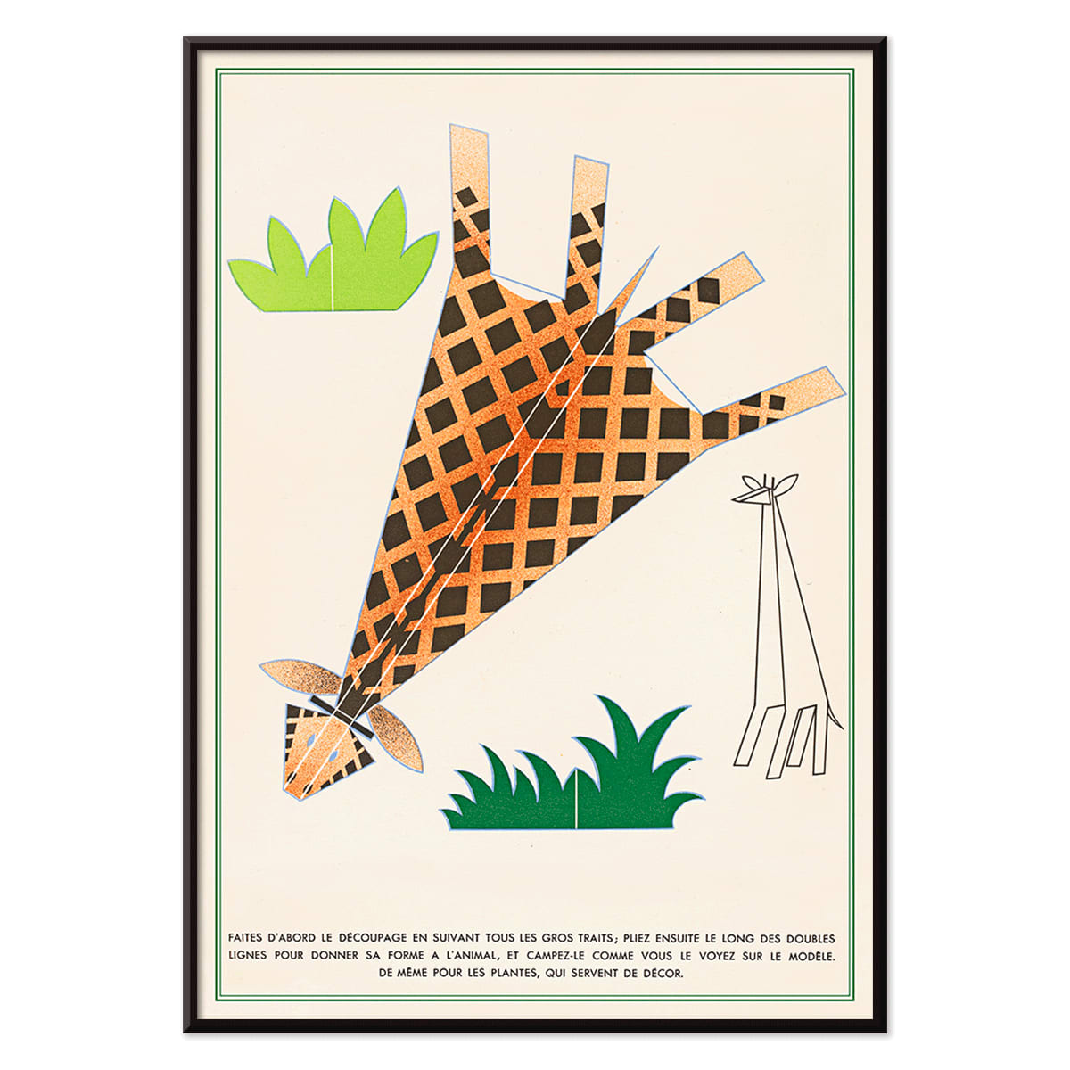 Abstract giraffe artwork with green leaves by Turenne Chevallereau titled La Jungle chez moi Pl.05 poster, with black aluminium frame on white background