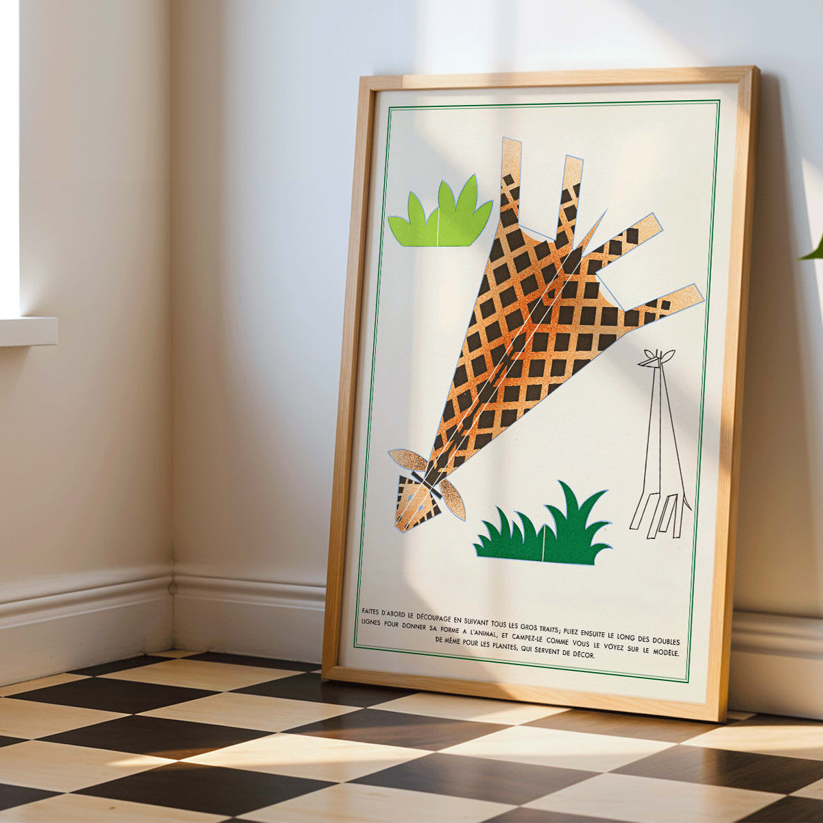 Abstract giraffe artwork with green leaves by Turenne Chevallereau titled La Jungle chez moi Pl.05 poster, framed and displayed in home decor