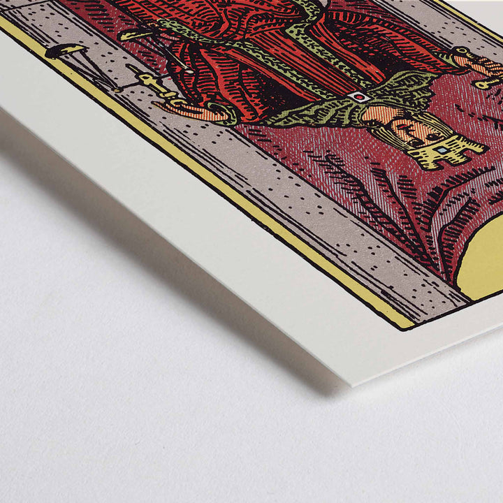 Closeup detail of Pamela Colman Smith Justice tarot poster crowned figure in red robes with scales and sword