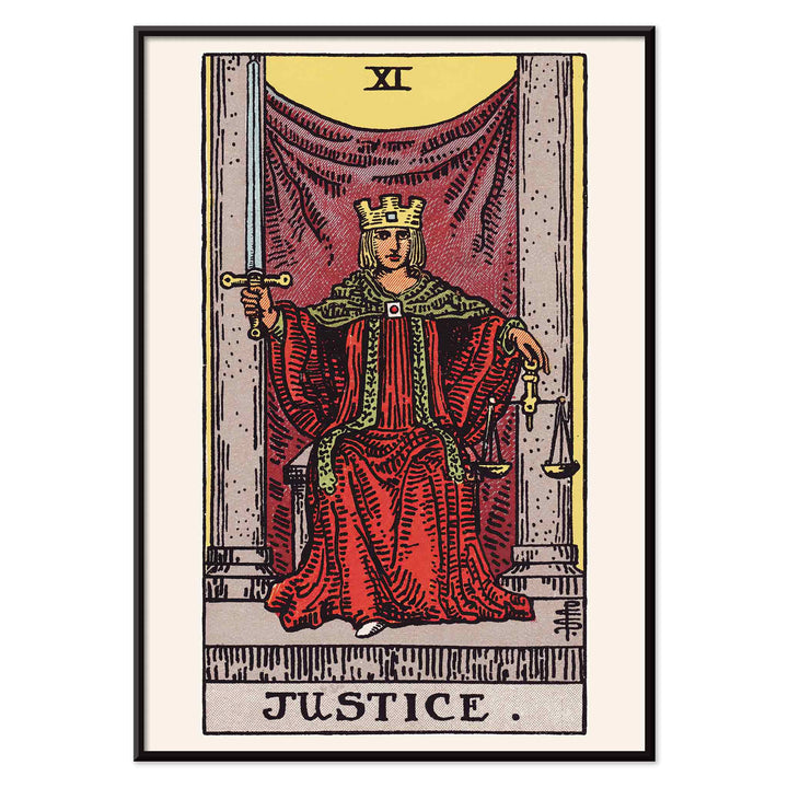 Pamela Colman Smith Justice tarot poster crowned figure in red robes with scales and sword, with black aluminium frame on white background